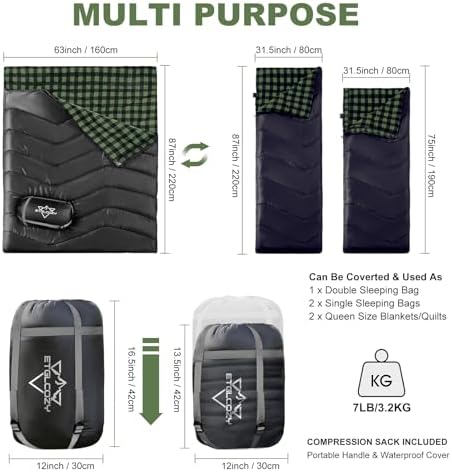 Double Sleeping Bag for Adults Kids Camping, XL Queen Size Sleeping Bags for 2 Person All Season Hiking Backpacking, Lightweight Waterproof with Compression Sack