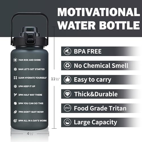 64oz,100oz,128oz Large Motivational Water Bottle with Time Marker, Leakproof & BPA Free Half Gallon Big Water Bottle with Straw Handle Tritan Frosted Water Jug for Gym,Fitness,Outdoor Sports