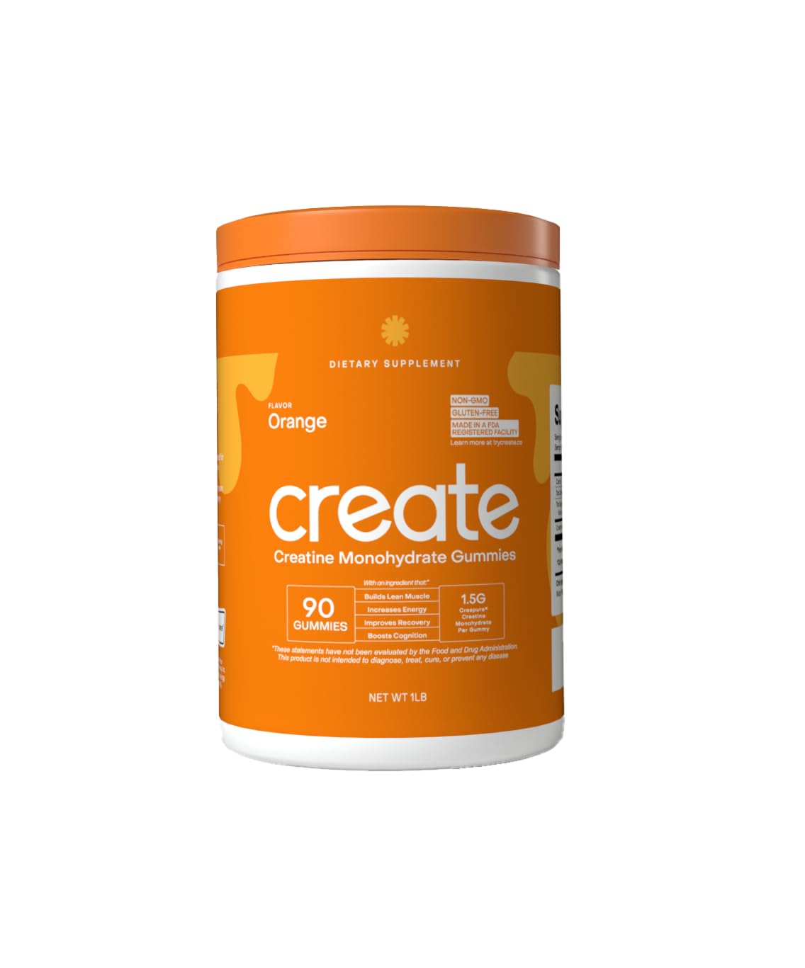 Create Creatine Monohydrate Gummies for Men & Women, Boost Focus, Strength, and Endurance, Anti-Melting Formula, Vegan, Gluten-Free, Non-GMO, 1.5g of Creatine per Gummy (Orange, 90 ct)