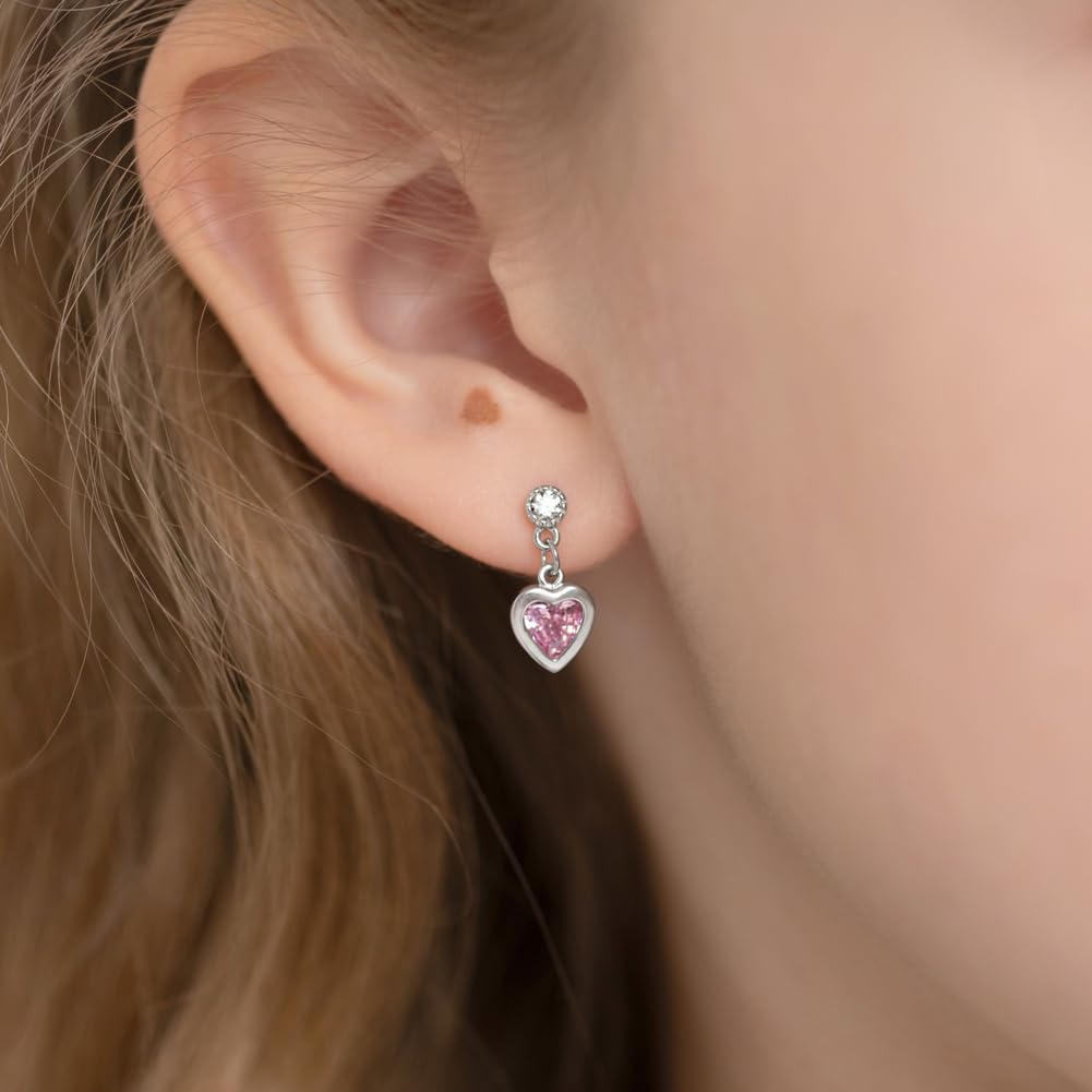 In Season Jewelry CZ Dangle Heart Kids Earrings - 925 Sterling Silver Hypoallergenic Earrings for Girls with Secure Screw Backs - Safe & Comfortable for Toddlers, Kids & Little Girls, Pink