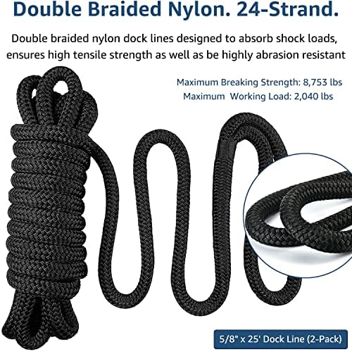 Dock Lines: 5/8" x 25' Double Braided Nylon - Premium Boat Ropes with 15" Loop - Marine Grade - Sturdy Dock Lines - 2 Pack