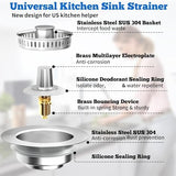 Upgraded 3 in 1 Kitchen Sink Drain Strainer Stopper, Brushed Stainless Steel SUS 304 Pop Up Sink Drain Stopper for Standard 3-1/2 Inch Drain Anti-Clogging Odor Prevention