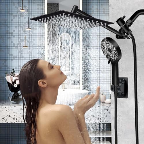 Shower Head,10 Inch High Pressure Rain Shower Head with Handheld Spray Combo, Adjustable Dual Rainfall Shower Head - Showerhead Comb Set with Extension Arm - 60 Inch Long Shower Hose（Black）