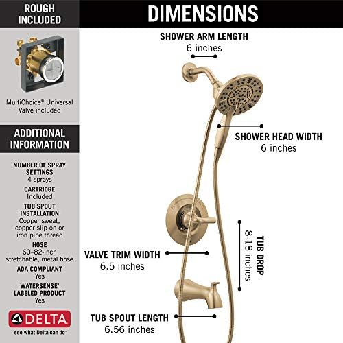 Delta Faucet Arvo 14 Series Single-Handle Tub and Shower Trim Kit, Shower Faucet with 4-Spray In2ition 2-in-1 Dual Hand Held Shower Head with Hose, Champagne Bronze 144840-CZ-I (Valve Included)