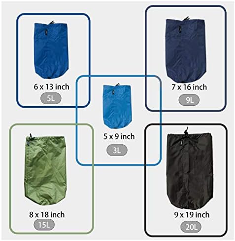 Frelaxy Stuff Sack Set 5-Pack (3L&5L&9L&15L&20L), Ultralight Ditty Bags with Dust Flap for Traveling Hiking Backpacking