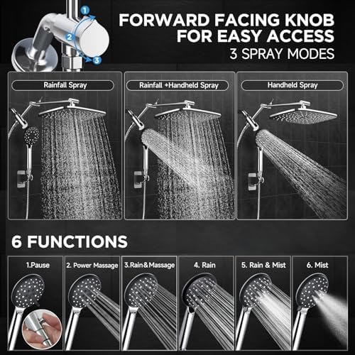 Veken Wide Rain Shower Head with 6 Modes Handheld Water Spray,High Pressure Showerhead Combo with Arm for Bathroom Accessories,Home Decor Detachable Dual Shower with Anti-Clog Nozzles,Silver Chrome