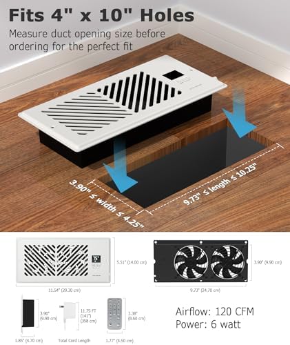 AirBlaze Z4, Quiet Register Booster Fan Fits 4”x10” Register Holes, Smart Vent Booster Fan With Thermostat & Remote Control, 10-Speed Control Heating Cooling AC Vent (White)