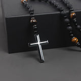 Rosary Necklace for Men, Black Catholic Rosary, Lava Rock Tiger Eye Beads Cross Necklace, Rosarios Catolicos Para Hombre (B)