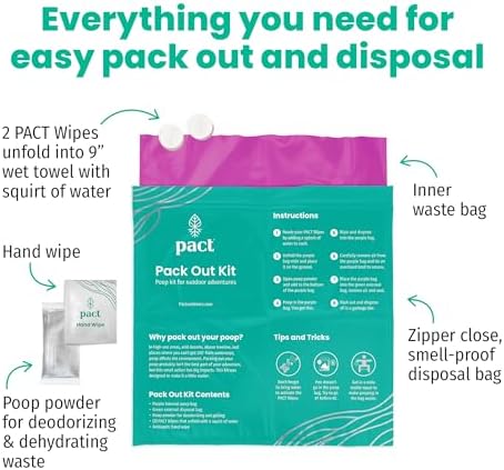 PACT Pack Out Kit - Camping Poop Kit Includes Wet Wipes, Smell Proof Disposal Bags, Hand Wipes, Poop Powder for Odor and Human Waste Bags for Camping and Backpacking