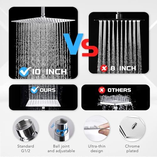 10''Rainfall Shower Head with Handheld Combo High Pressure 8+2 MODE built-in power wash, Stainless Steel Chrome Showerhead with 11'' Extension Arm Height/Angle Adjustable with Holder&60"Hose