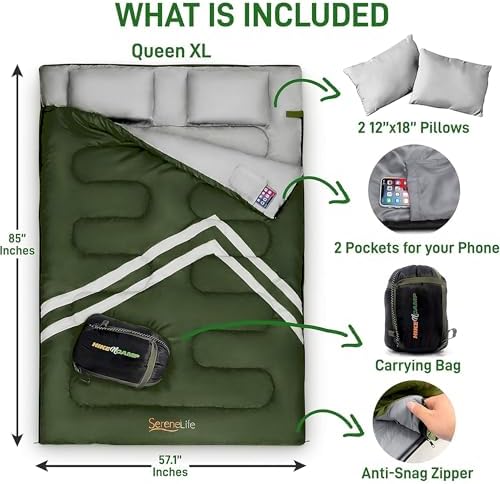 SereneLife Backpacking Sleeping Bag Camping Gear-Double Sleeping Bag For Adults/Teens W/2 Pillows,Bag-Outdoor Lightweight Weather Proof Sleeping Bags For Camping,Backpacking,Hiking-SereneLife SLSBX9