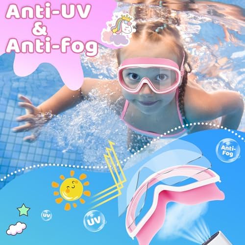 Vvinca Kids Swim Goggles for Age 2-8, Toddler-Goggles with Fabric Strap No Leak Pain-Free, Anti-Fog Goggles for Girls Boys