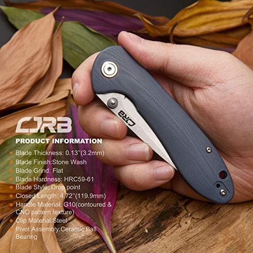CJRB Folding Knife Feldspar Pocket Folding Knife Stonewash D2 Steel Blade G10 Tactical Handle EDC Knife,Blue Handle-Large(J1912)