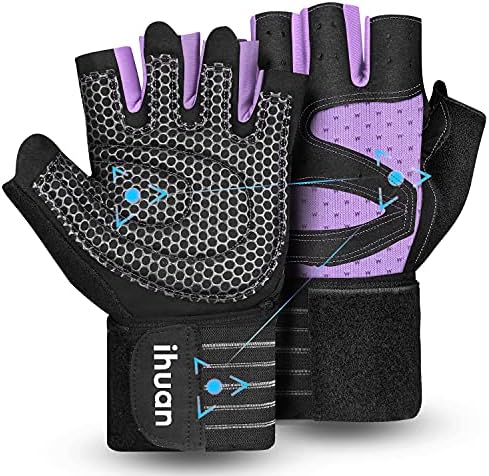 ihuan Ventilated Weight Lifting Gym Workout Gloves with Wrist Wrap Support for Men & Women, Full Palm Protection, for Weightlifting, Training, Fitness, Hanging, Pull ups