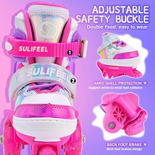 SULIFEEL Rainbow Unicorn 4 Size Adjustable Light up Roller Skates for Girls Boys for Kids