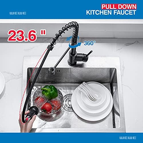 WEWE Faucet for Kitchen Sink, Kitchen Faucets Black Stainless Steel Commercial Spring Kitchen Faucet with Pull Down Sprayer, One Hole or 3 Hole Kitchen Faucet for RV Outdoor Farmhouse Camper Bar Sinks