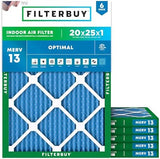 Filterbuy 20x25x1 Air Filter MERV 13 Optimal Defense (6-Pack), Pleated HVAC AC Furnace Air Filters Replacement (Actual Size: 19.50 x 24.50 x 0.75 Inches)