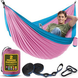 Durable Hammock 500 lb Capacity, Nylon Camping Hammock Chair - Double or Single Sizes w/Tree Straps and Attached Carry Bag - Portable for Travel/Backpacking/Beach/Backyard (Large, Fuchsia & Sky Blue)