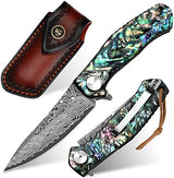 Benkey Damascus Pocket Knife with Clip Leather Sheath Sharp VG10 Core Folding Knife, EDC with Liner Lock Unique Abalone Seashells Handle for Outdoor Survival Camping Collection