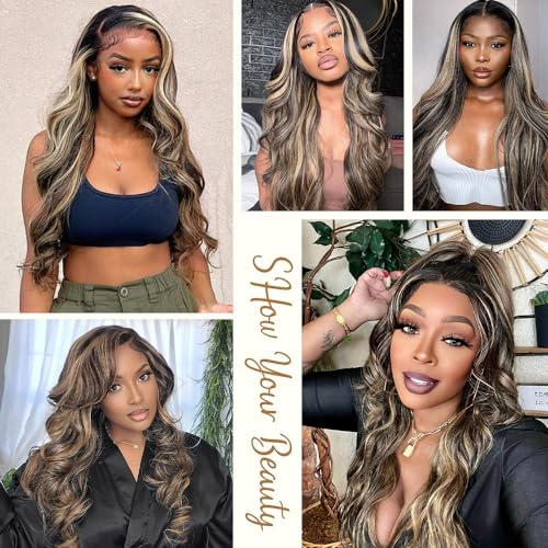 Highlight Lace Front Wig Human Hair Pre Plucked 26 Inch 1B/27 Ombre Wig Human Hair 13x4 Body Wave Lace Front Wigs Human Hair 200% Density Colored HD Glueless Wigs