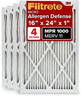 Filtrete 16x24x1 AC Furnace Air Filter, MERV 11, MPR 1000, Micro Allergen Defense, 3-Month Pleated 1-Inch Electrostatic Air Cleaning Filter, 4 Pack (Actual Size 4-Pack 23.813x15.813x0.656 in)