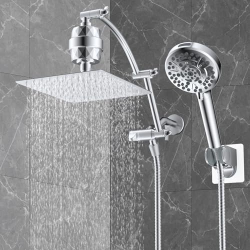 Hibbent All Metal 10'' Dual Filtered Rainfall Shower Head Combo, High Pressure Handheld Shower Head with 16'' Adjustable Arc Extension Arm, 20 Stage Shower Filter, 10-spray, 71'' Shower Hose, Chrome