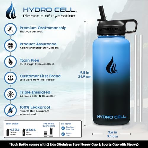 HYDRO CELL Stainless Steel Insulated Water Bottle with Straw - For Cold & Hot Drinks - Metal Vacuum Flask with Screw Cap and Modern Leakproof Sport Thermos for Adults (Blue/Black 32oz)