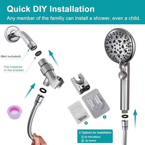 Handheld Shower Head with On Off Switch 8-Mode High Pressure Showerhead with 79 Inches Extra-long Stainless Steel Hose and Bracket PLUS Extra Low-Reach Adhesive Wall Mount for Kids,Silver…
