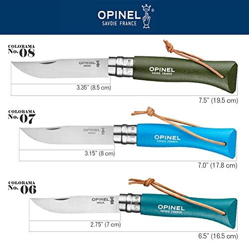 Opinel Colorama Series No. 8 - Stainless Steel Everyday Carry Folding Pocket Knife with Leather Strap, Painted Hornbeam Handles