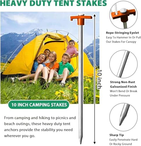 Eurmax USA Galvanized Non-Rust Camping Family Tent Pop Up Tent Stakes Ice Tools Heavy Duty 20pc-Pack, with 4x10ft Ropes & 1 Orange Stopper
