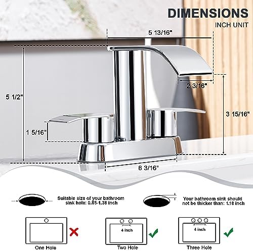 Ultimate Unicorn waterfall faucet chrome for bathroom sink, wide mouth spout with two handles waterfall, sink vanity faucet, single hole or 3 basin lavatory mode (DJS-MP-SB-PB-C)