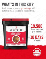 READYWISE - Organic Bucket, 90 Servings, Emergency, MRE Meal, Food Supply, Premade, Freeze Dried Survival Food for Hiking, Adventure and Camping Essentials, Individually Packaged, 25 Year Shelf Life