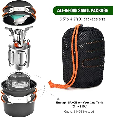 Odoland 8pcs Camping Cookware Mess Kit, Camping Pot and Pan Set with Mini Backpacking Stove, Stainless Steel Cup, Spork and Tank Bracket, Cooking Gear for Outdoor, Hiking, Picnic, Campfire
