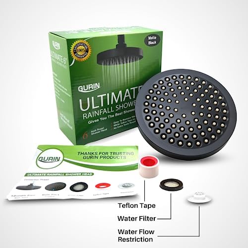 GURIN Shower Head High Pressure Rain, Luxury Bathroom Showerhead with Adjustable Angles, Anti-Clogging Silicone Nozzles - Matte Black, 6 Inch Round