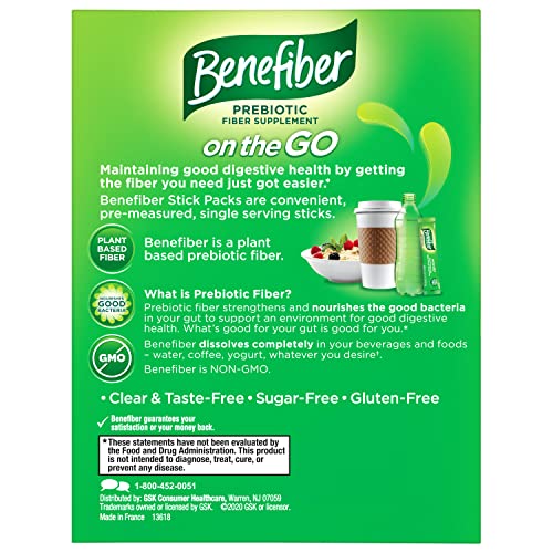 Benefiber On The Go Prebiotic Fiber Supplement Powder for Digestive Health, Daily Powder, Unflavored Stick Packs - 36 Sticks (Pack of 2)