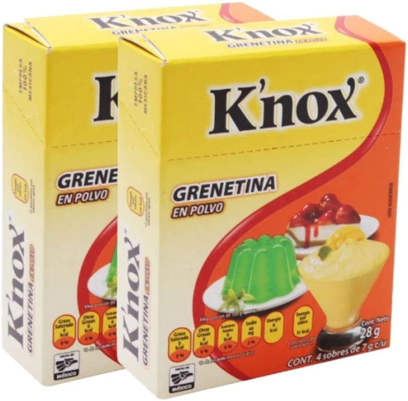 Knox Grenetina para Gelatina en Polvo Natural Sin Sabor 2 Pack - cada caja contiene 4 sobres individuales de 7gr