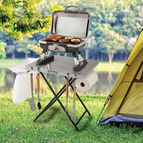 Cuisinart Fold ‘n Go Prep Table, Portable Folding Table and Grill Stand with Tool hooks, Trash Bag Holder, Paper Towel Rack, 24” x 20” Steel Food Prep Station Perfect for BBQs, Tailgates and Camping