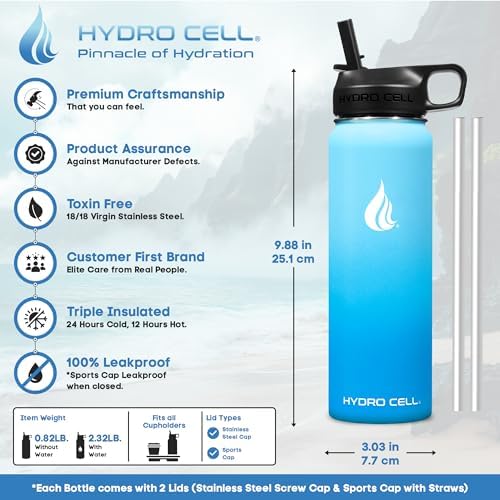 HYDRO CELL Stainless Steel Insulated Water Bottle with Straw - For Cold & Hot Drinks - Metal Vacuum Flask with Screw Cap and Modern Leakproof Sport Thermos for Adults (Sky/Blue 24oz)