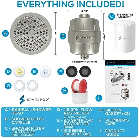 SparkPod Luxury Filtered Shower Head Set 23 Stage Shower Filter - Reduces Chlorine and Heavy Metals - High Pressure Showerhead Filter (6" Round, Brushed Nickel)