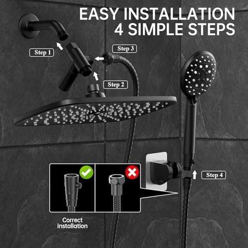 Veken 11.8 Inch Rain Shower Head with Handheld- High Pressure Dual Shower Heads with 5 Modes Handheld Spray Combo- Wide Rainfall Showerhead with Hose, Bathroom Accessories, Matte Black