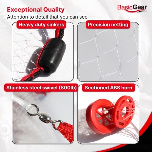 Cast Net | 3ft-12ft Radius, 3/8 or 1/4 inch Mesh for Freshwater and Saltwater Bait Fish| Professional Grade and Upgraded Material | Throw Style