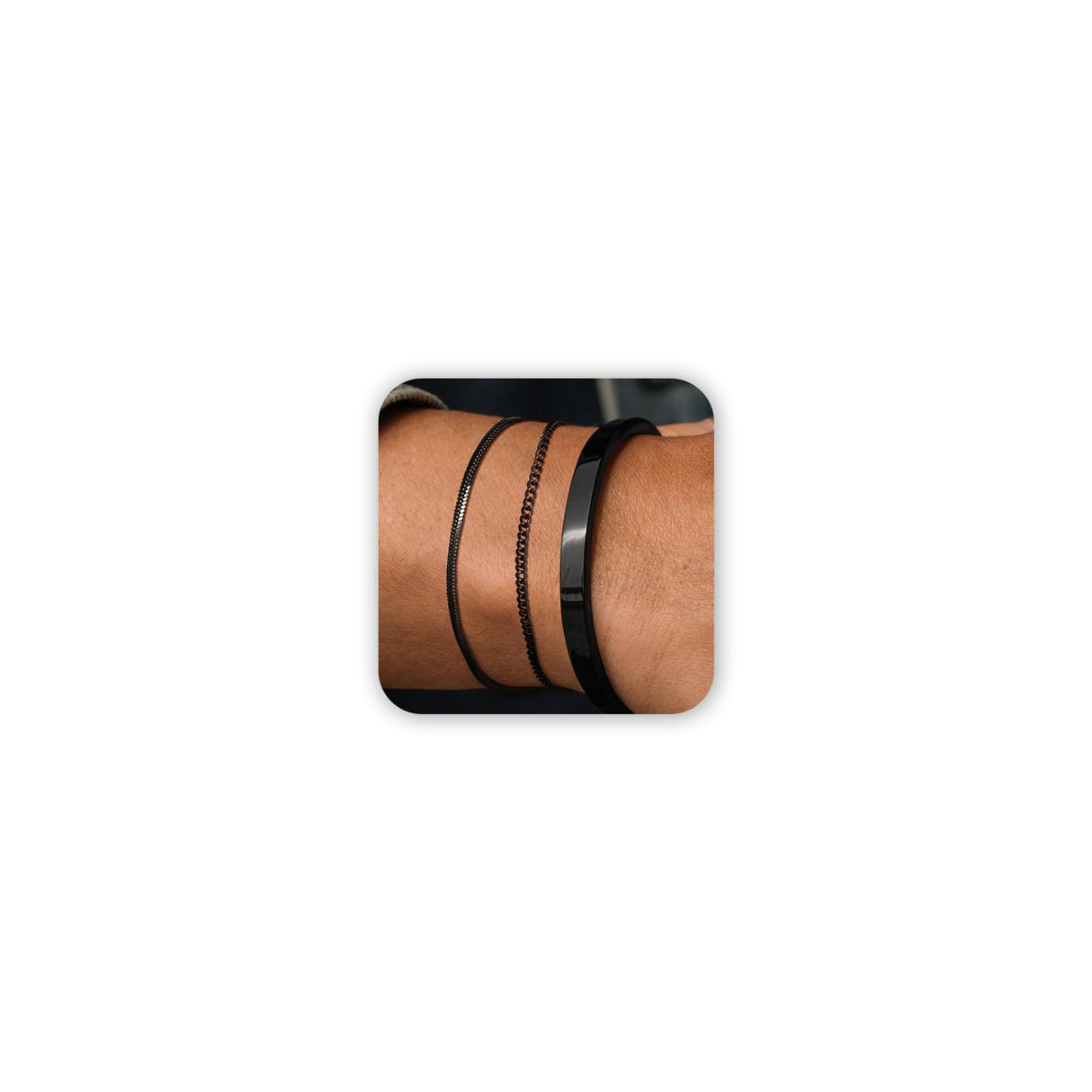HEVOCY 3-Piece Black Bracelet Set for Men, Cuff and Chain Stack