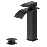 Rywuanku Matte Black Bathroom Faucet Waterfall Spout, Single Handle Sink Faucet with Pop-up Drain & Deck Plate, Modern 1 Hole Vanity Faucet for Vessel Sink