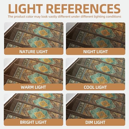 Carpet Stair Treads Non Slip 15PCS, 8" X 30" Edging Stair Runner for Wooden Steps Indoor, Resistant Stair Rug with Reusable TPE Adhesive Backing, Residue Free Mat for Elders, Pets, Amber&Cyan