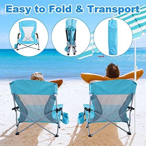 Huwena 2 Pack Beach Chair for Adult with 2 Umbrella Low Folding Chair Detachable Adjustable Lightweight with Armrests Cup Holder Carry Bag Portable for Sand Camping Travel Outdoor Pool (Blue)