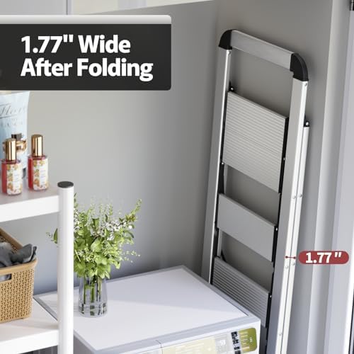 KINGRACK Aluminium 5 Step Ladder, Lightweight Step Stool with Non-Skid Pedals, Handrail, Foldable Step Ladder for Kitchen, Garage, Home, Space Saving, Sturdy and Portable, Silver
