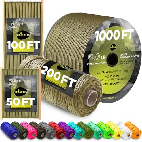 TECEUM 5/32" Paracord Rope 1000 – 1000ft / 200ft / 100ft / 50ft – Tactical Parachute Cord 4mm – 45+ Colors – Nylon String for Survival & Camping Gear – Stripe Cord for Survival – Utility Rope