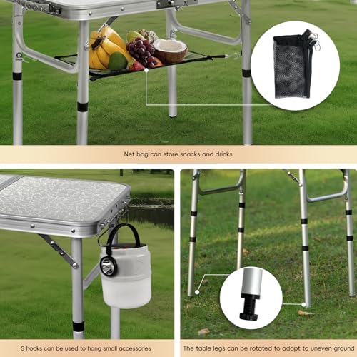 Small Camping Table 2Ft Folding Table 3 Adjustable Height Portable Lightweight Table Aluminum Fold Up Dining Table for Picnic,Beach BBQ,Cooking, Bed Working Outdoor & Indoor