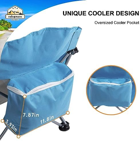 Low Back Camping Chair 2 Pack Support 300 LBS Carry Bag Included,Low Profile Folding Outdoor Chair,Camp Beach Chairs Set,with Phone Bag,Cooler Pocket,Cup Holder for Kids(2 Pcs Blue)