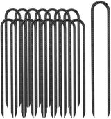 Kingsyard 16 Pack Trampolines Wind Stakes-16 Inch Long, 0.4 Inch Diameter Galvanized Steel U Hook Rebar Stakes, Multi-Purpose Heavy Duty Ground Anchors for Tent, Fences, Swing, Landscape, Black